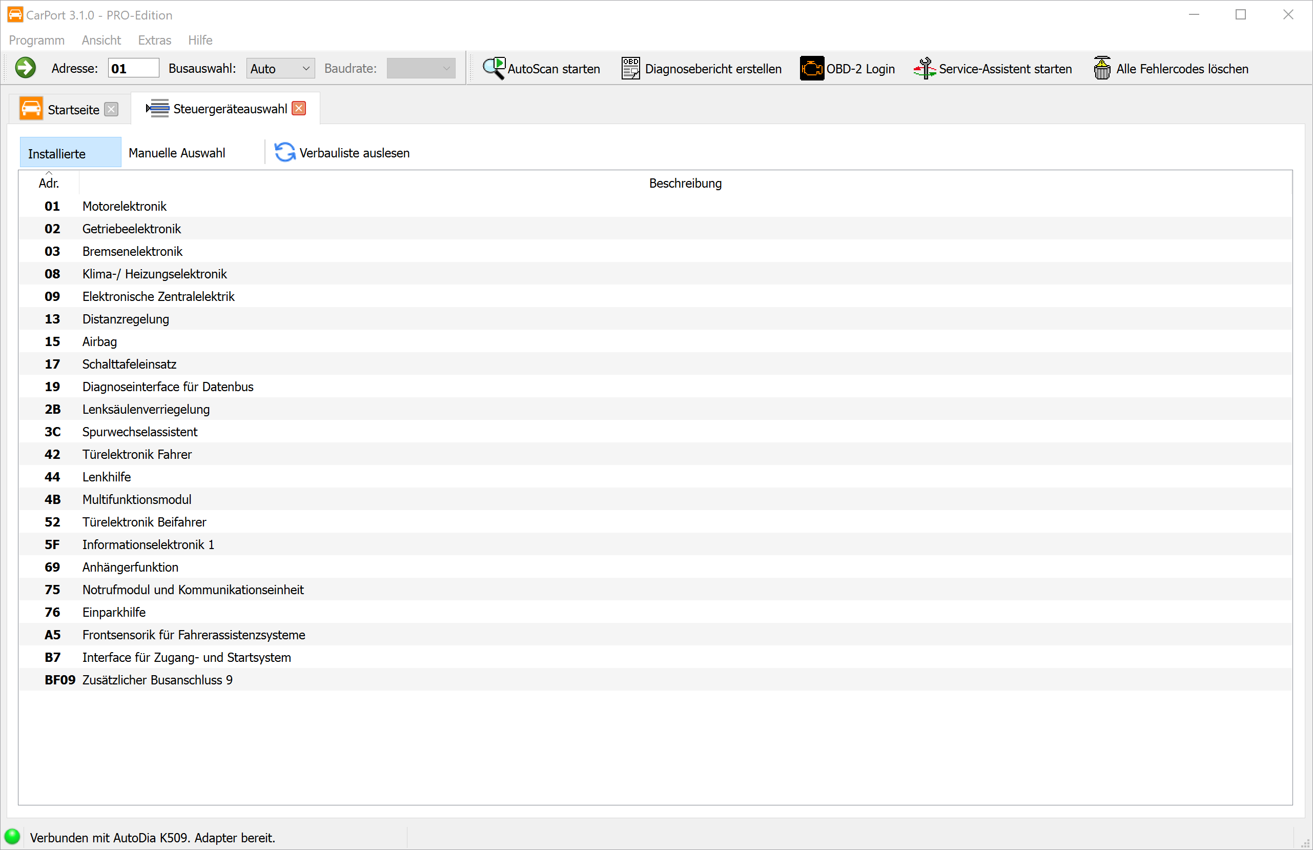 Steuergeräteauswahl