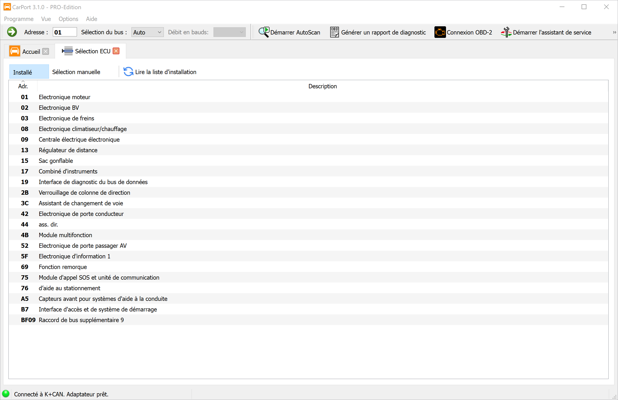 Sélection du calculateur