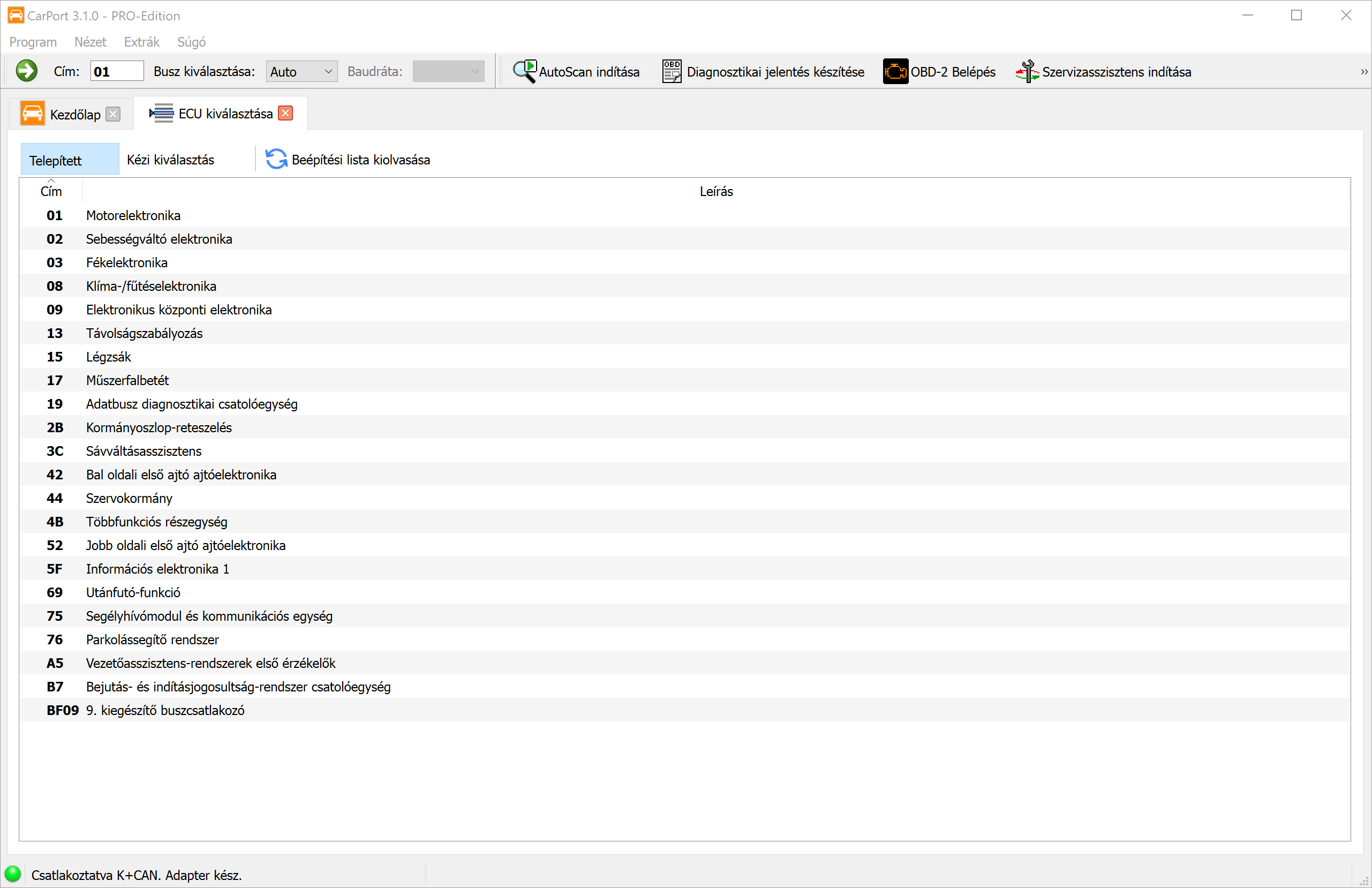 Vezérlőegység kiválasztása