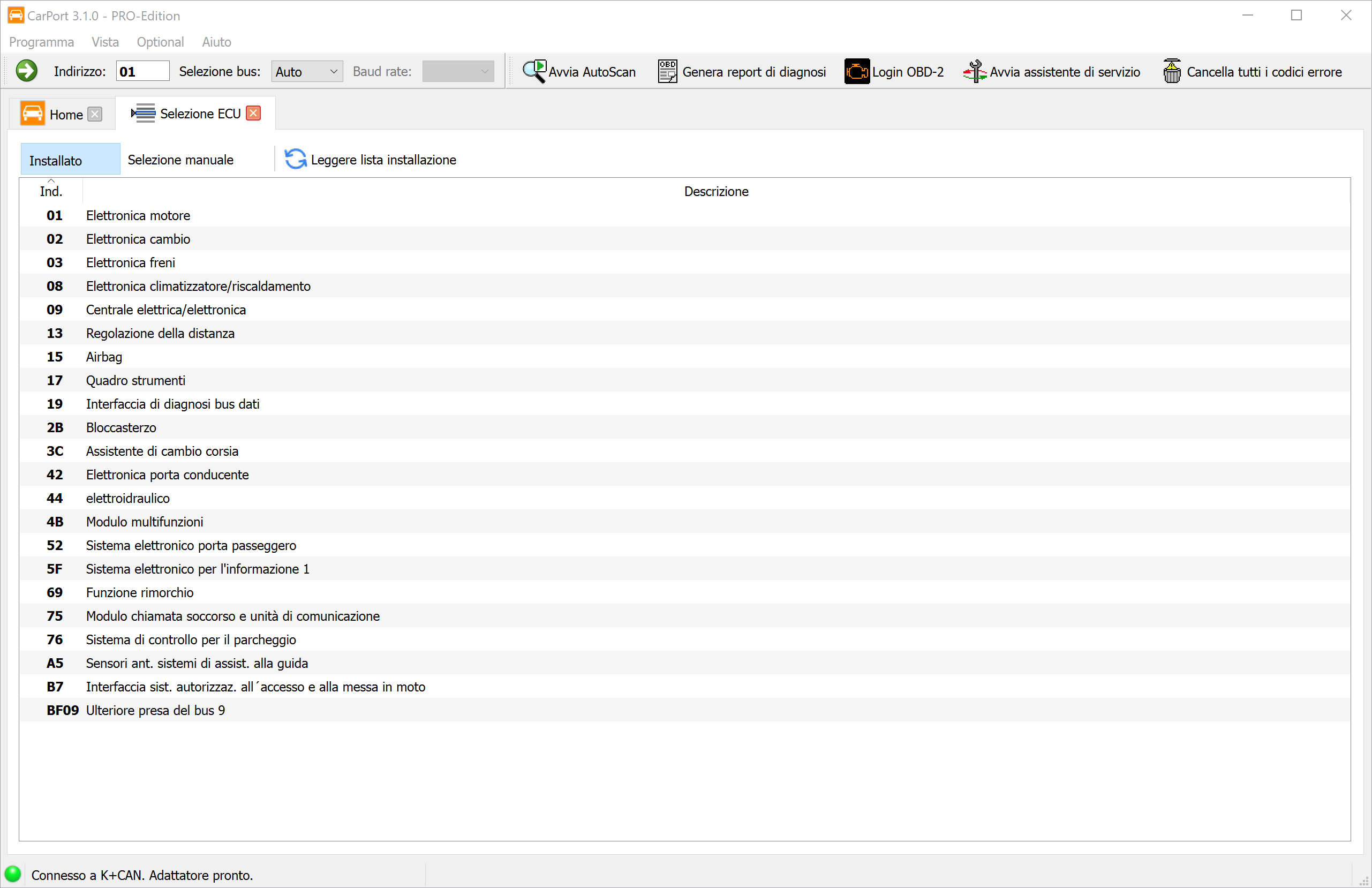 Selezione centralina