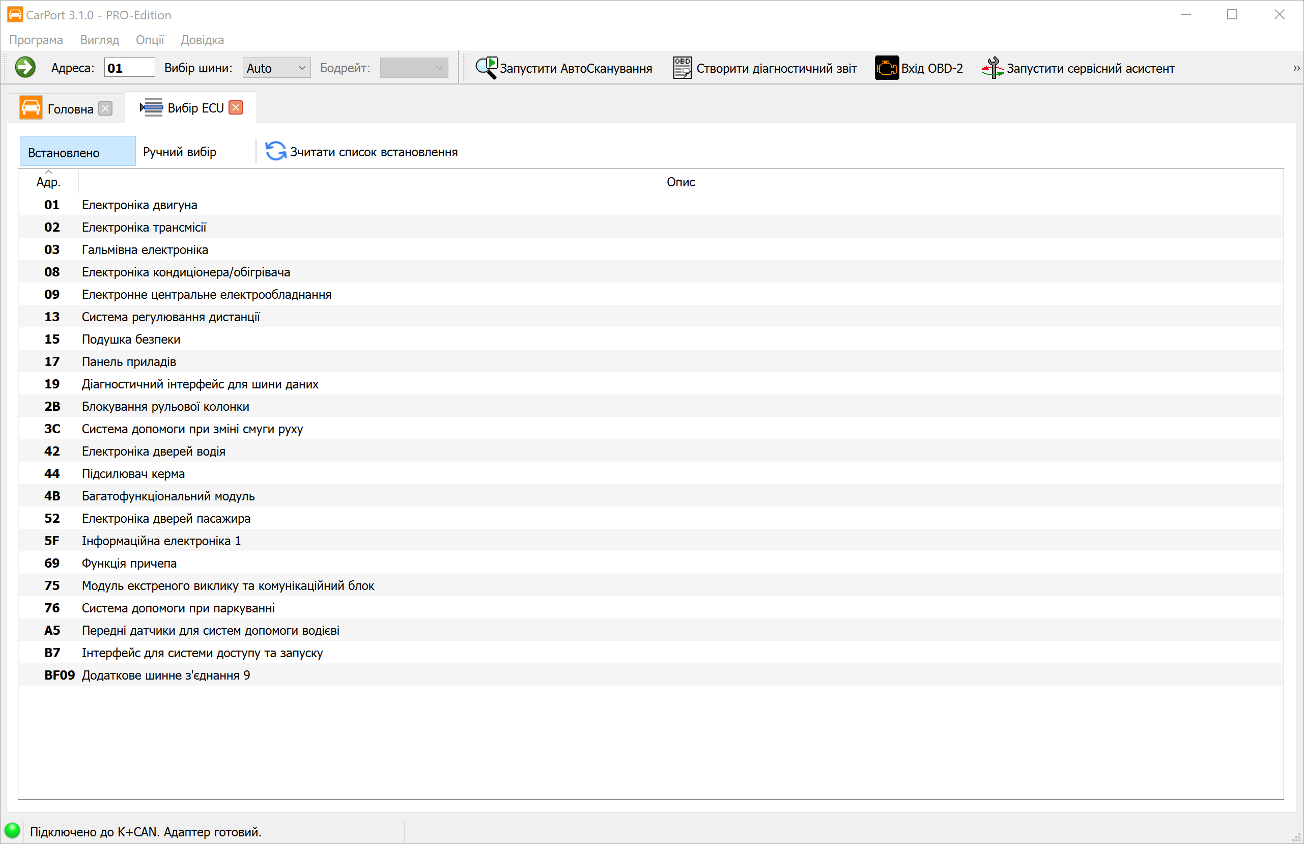 Вибір блоку керування