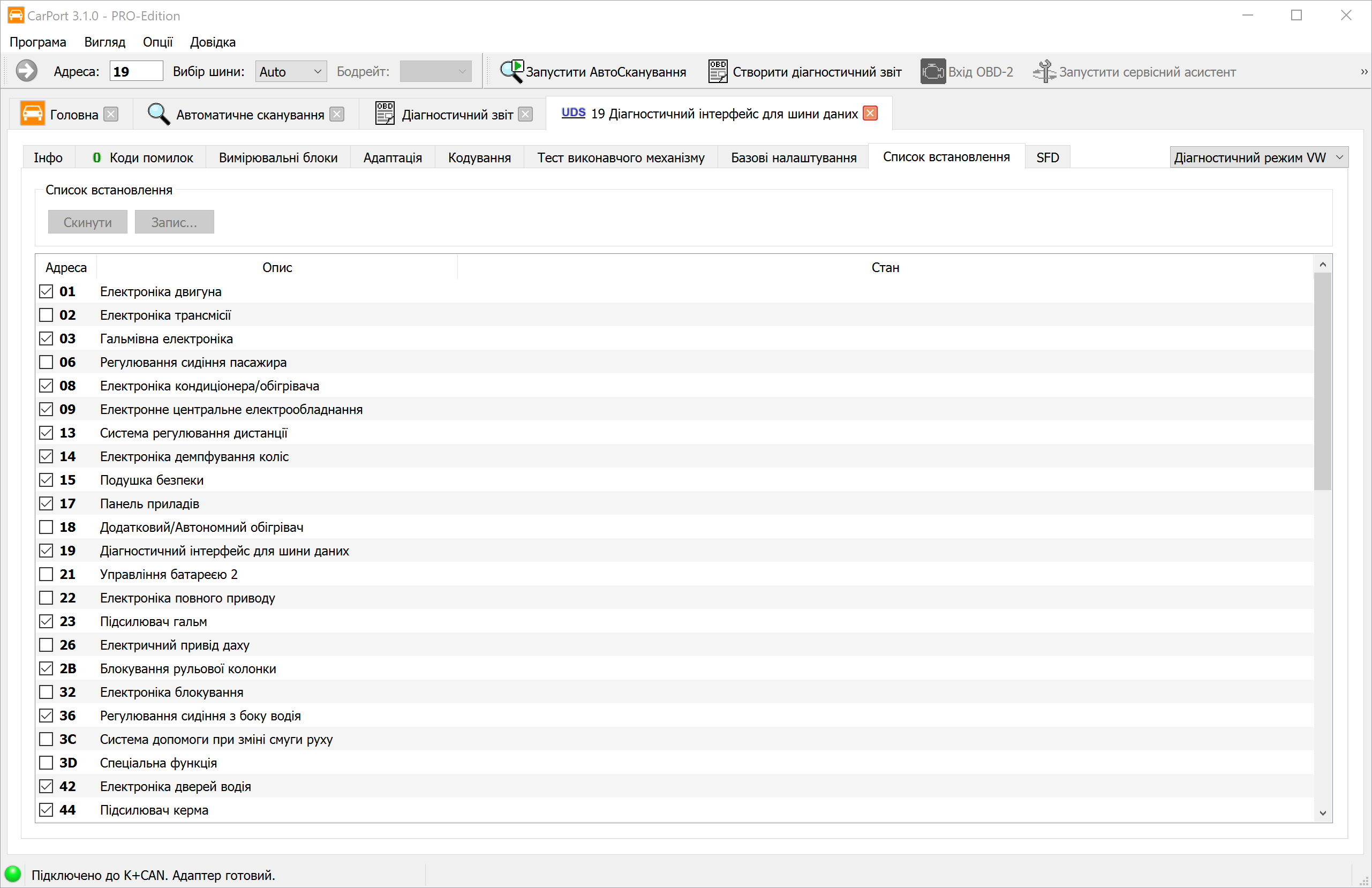 Список встановленого обладнання