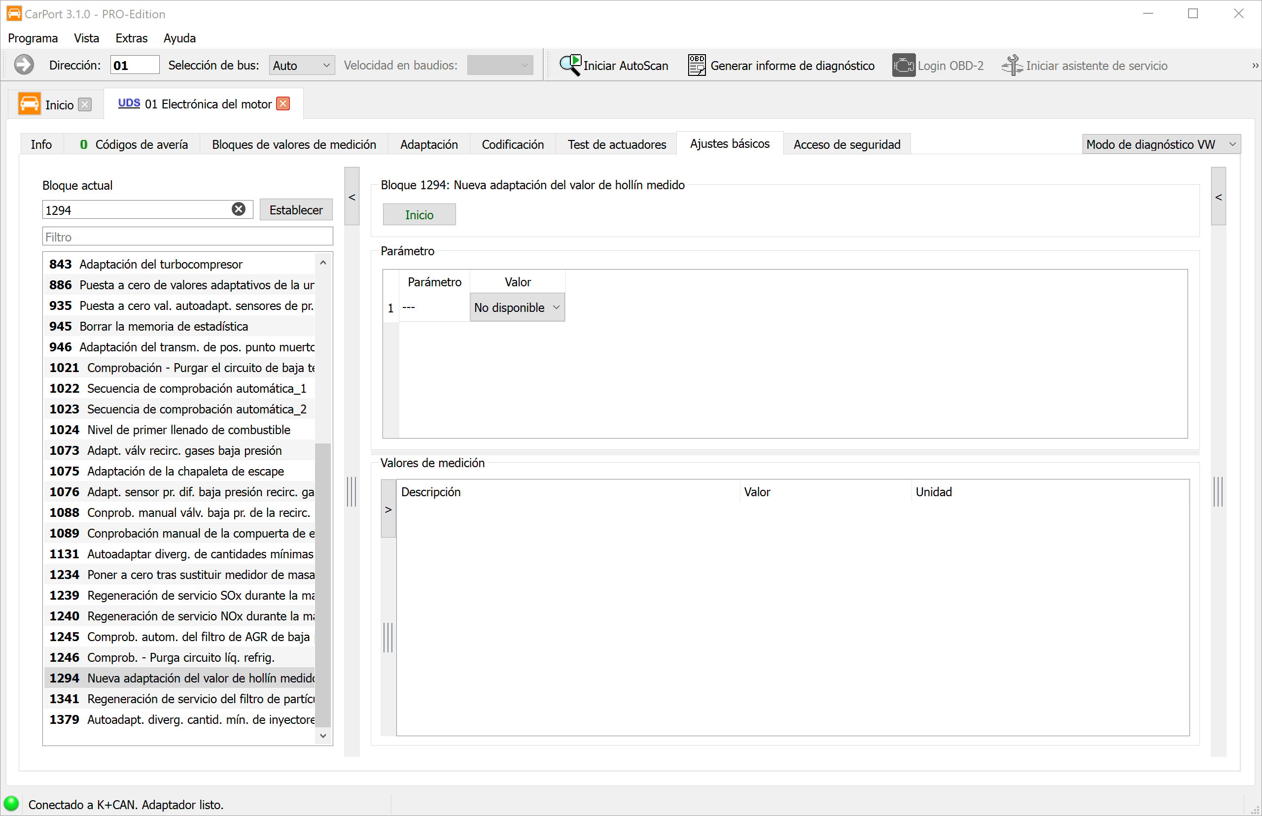 Ajustes básicos, bloque 1294 «Nueva adaptación del valor de hollín medido» en CarPort