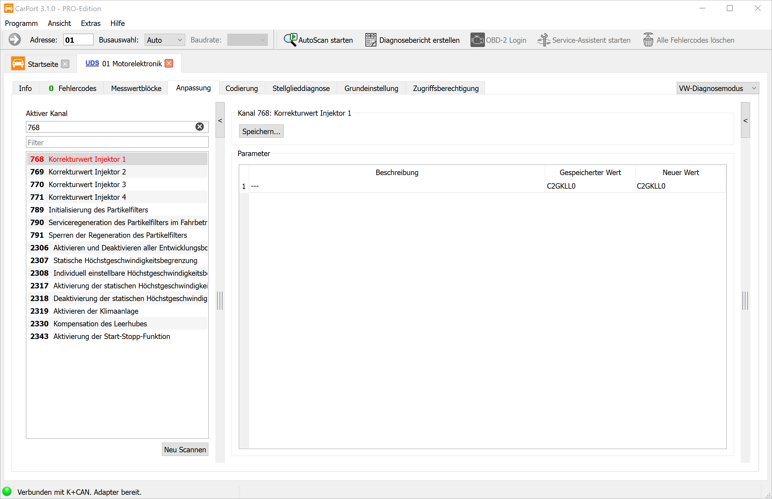 Anpassung – Kanal 768 „Korrekturwert Injektor 1” mit IMA-Code in CarPort