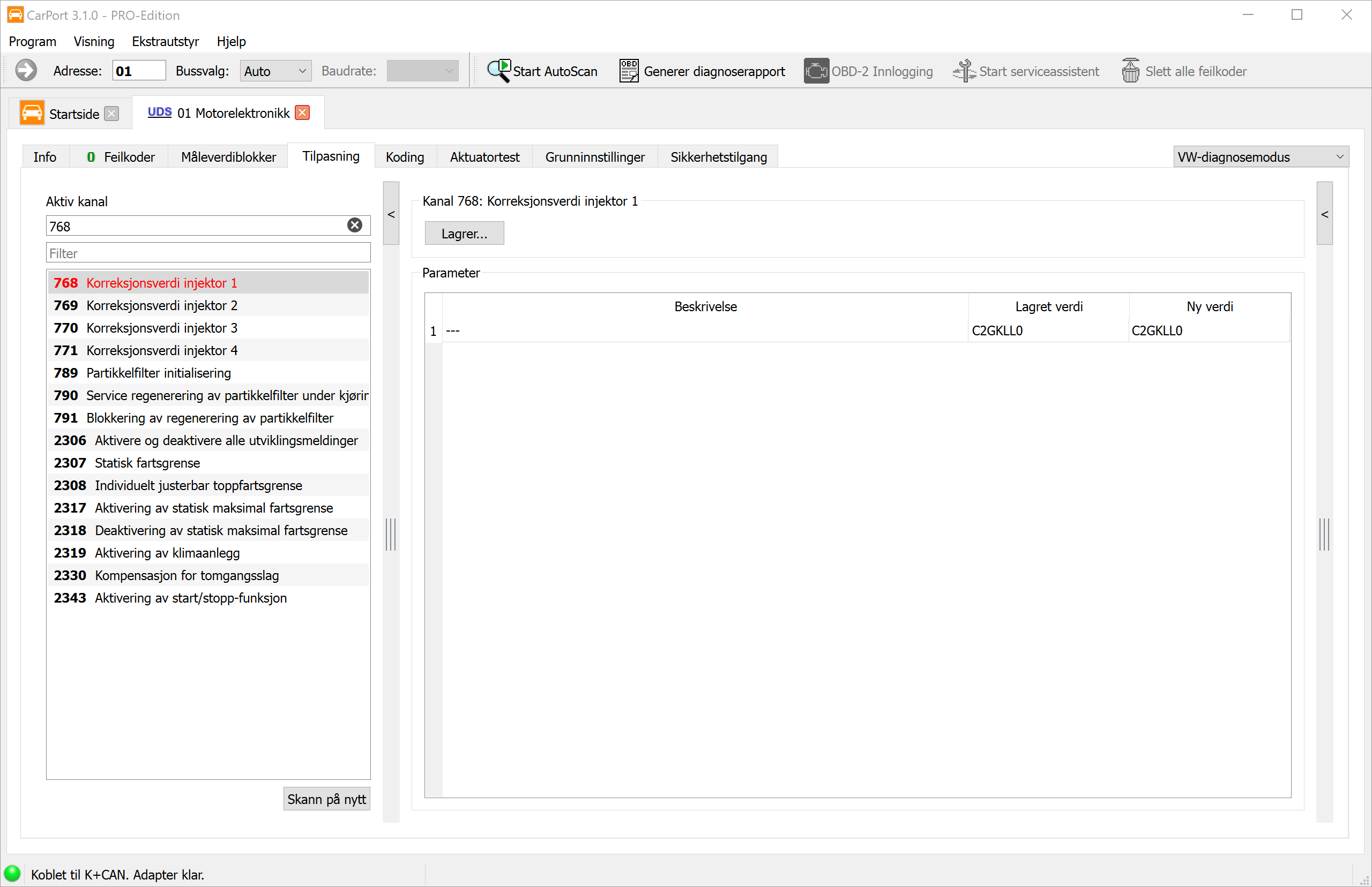Tilpasning – kanal 768 «Korreksjonsverdi injektor 1» med IMA-kode i CarPort